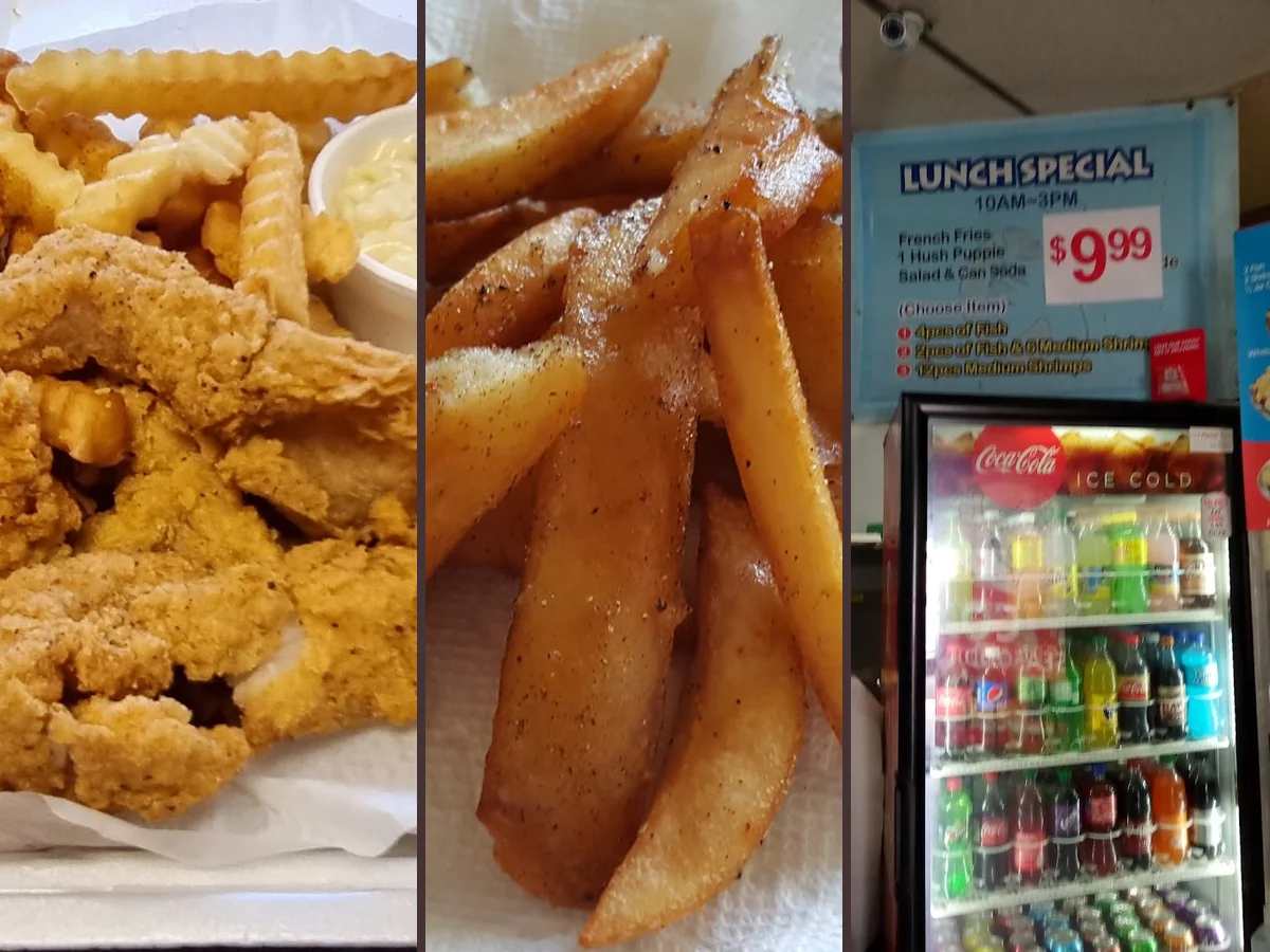 Plates of fried seafood on a simple restaurant table.
