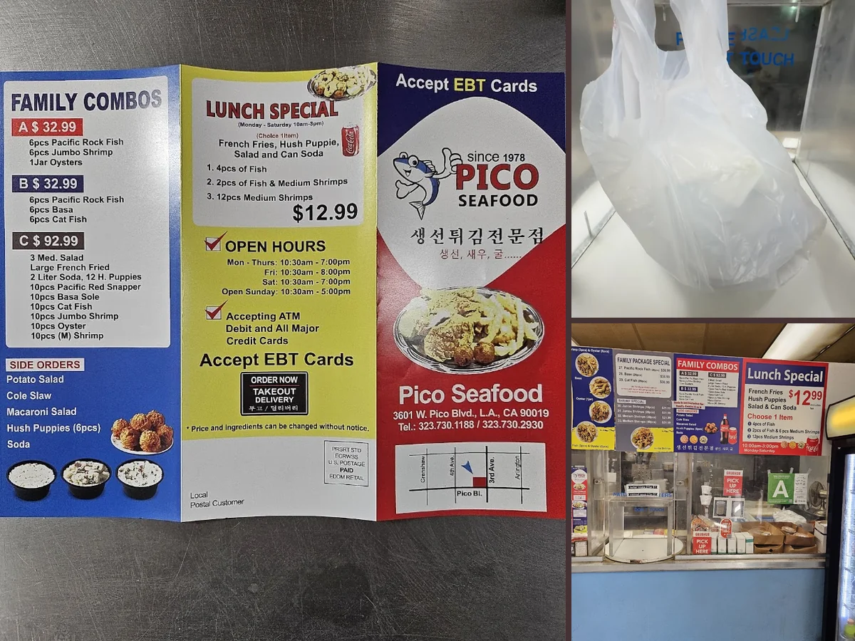 Seafood restaurant counter with a casual dining room.