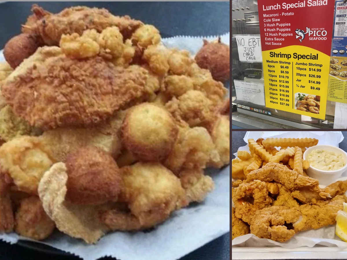 Plates of fried seafood on a simple restaurant table.